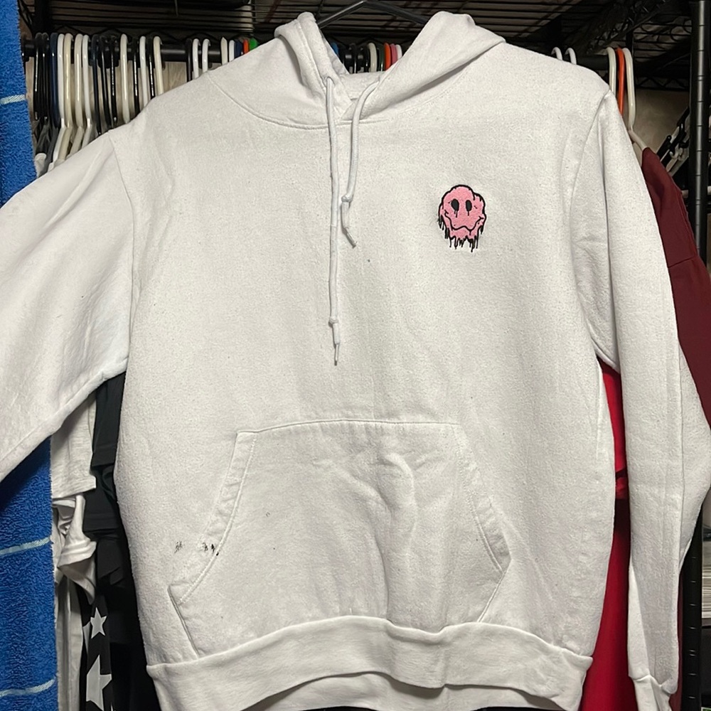 white hoodie with drippy face